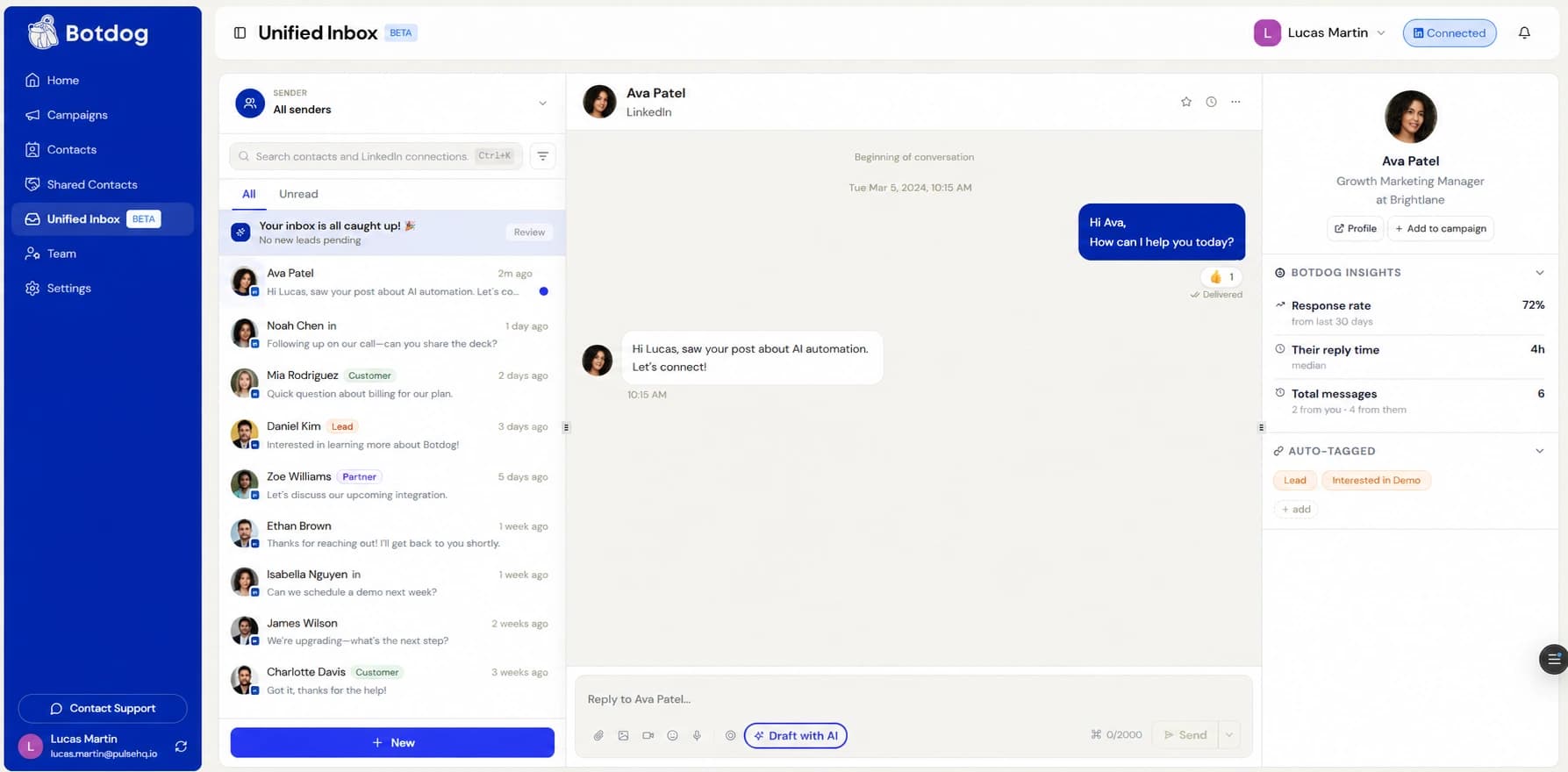 botdog's unified inbox to keep track of messages