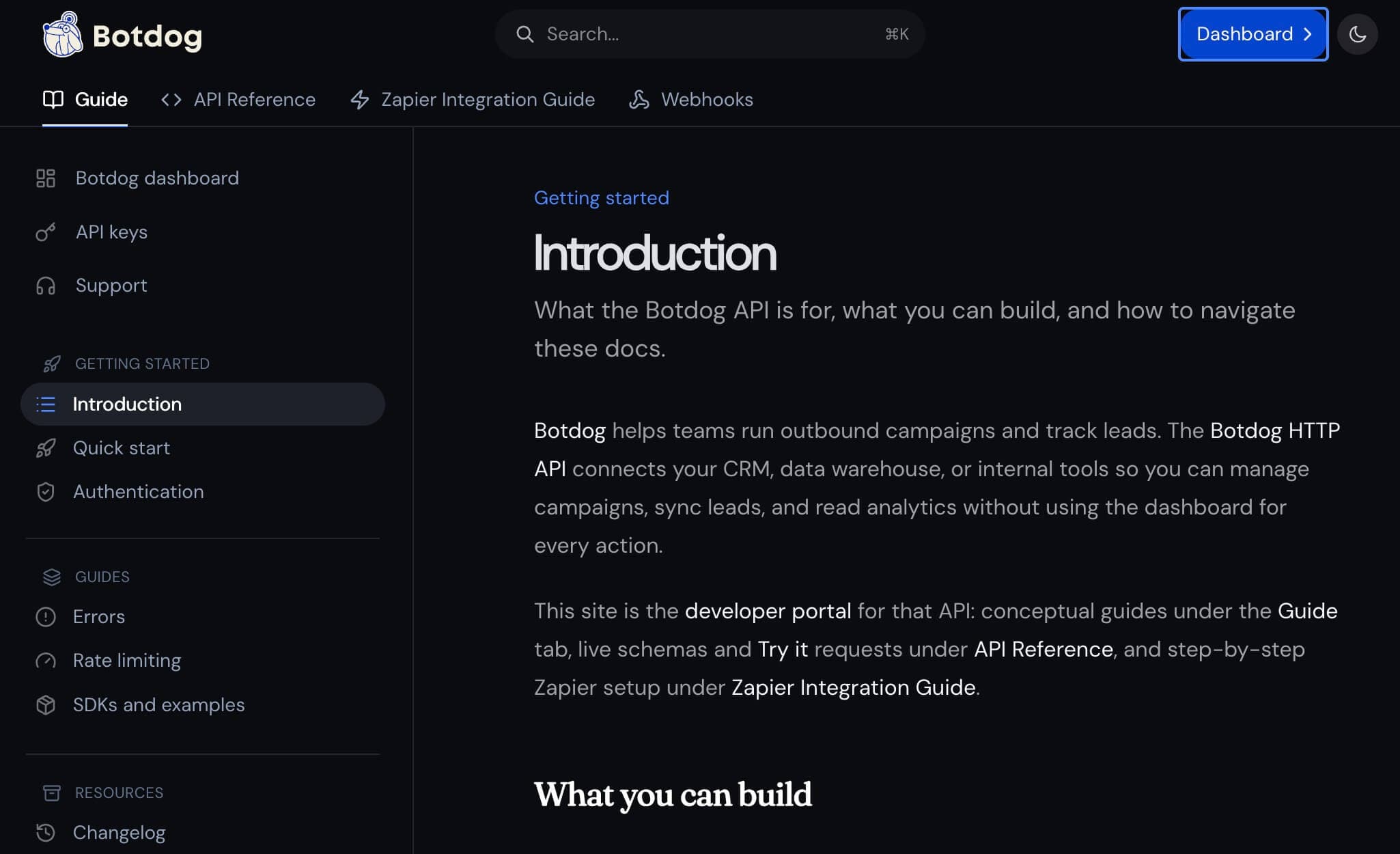 Broken Dashboard button in the developer docs has been fixed screenshot
