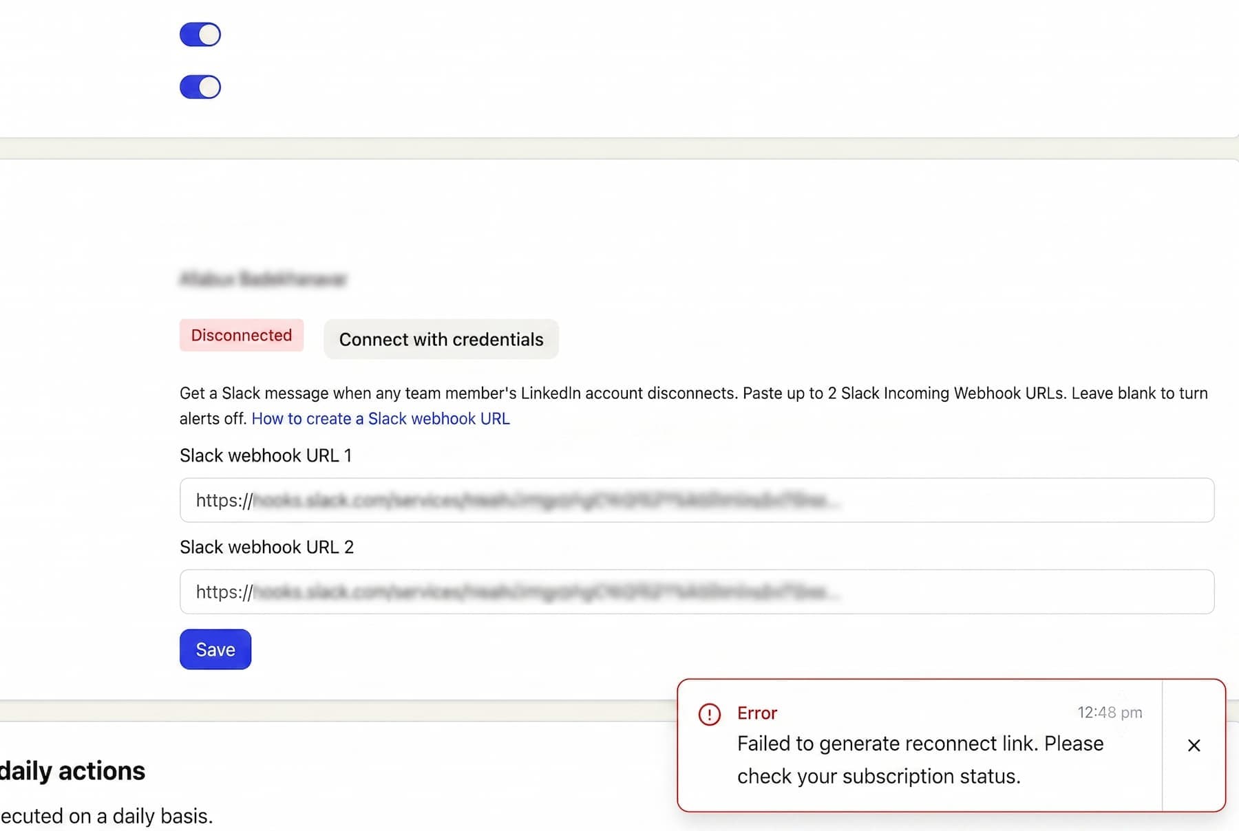 Clearer message when reconnecting LinkedIn fails screenshot
