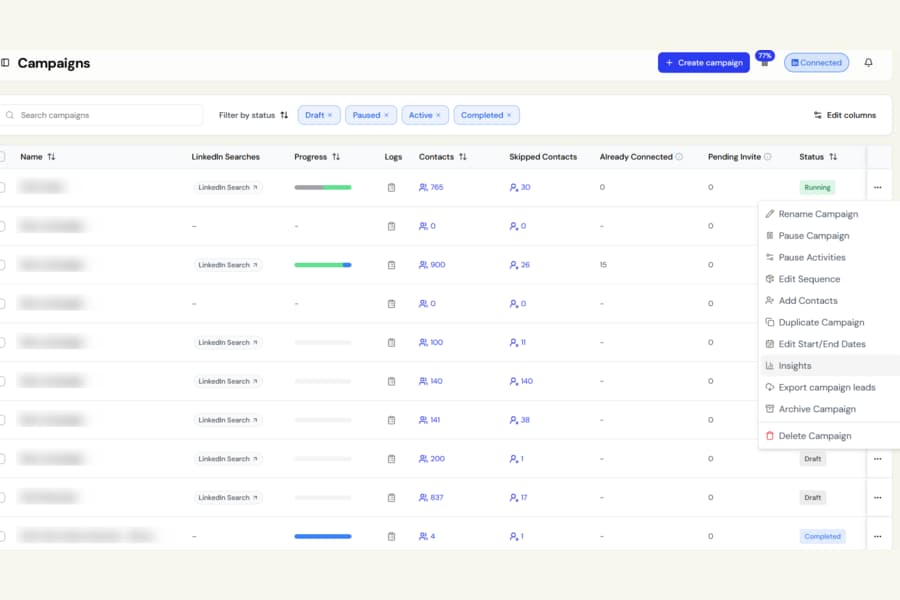 Open Campaign Insights from the campaigns list screenshot