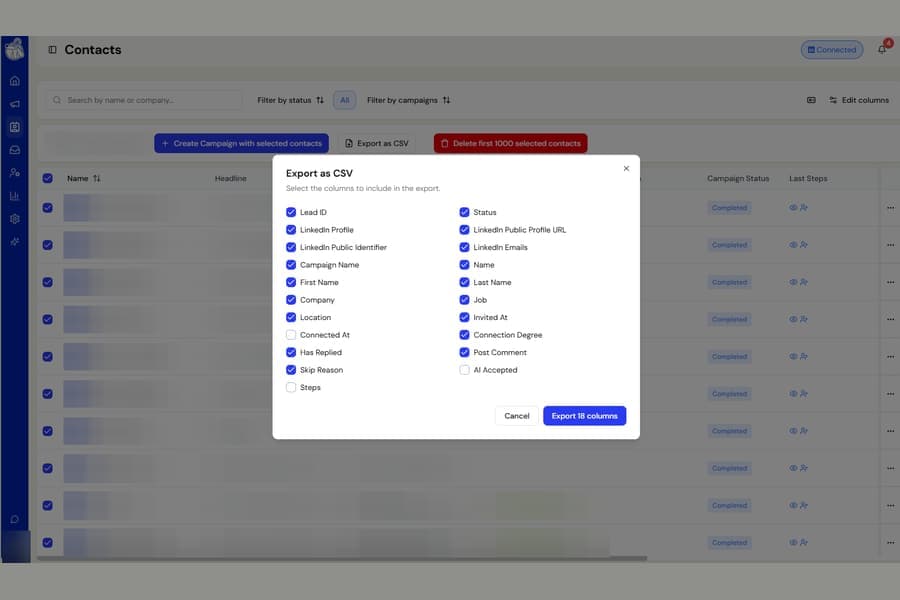 Contacts CSV export now remembers the columns you picked screenshot