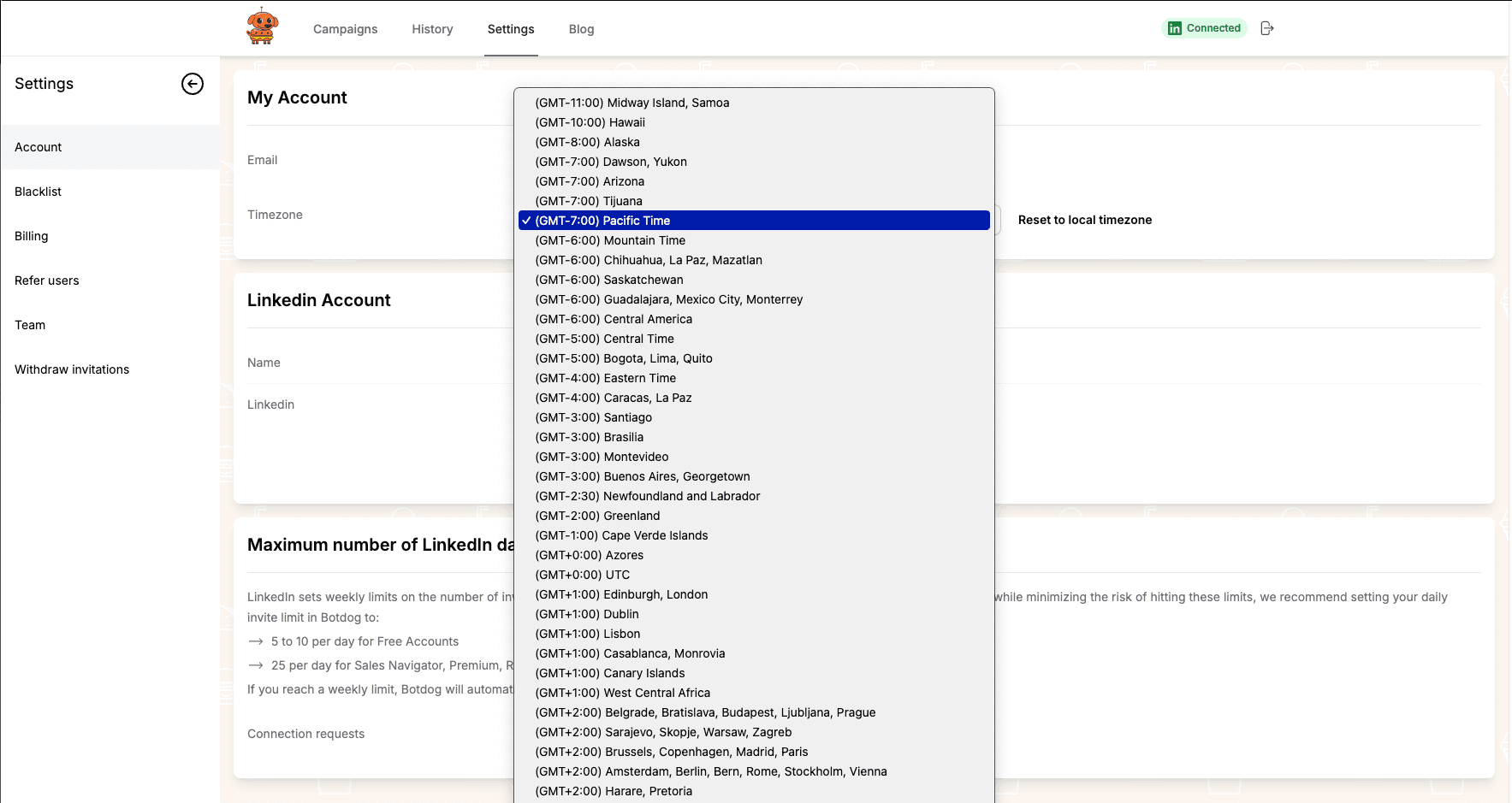 Timezone Selection screenshot