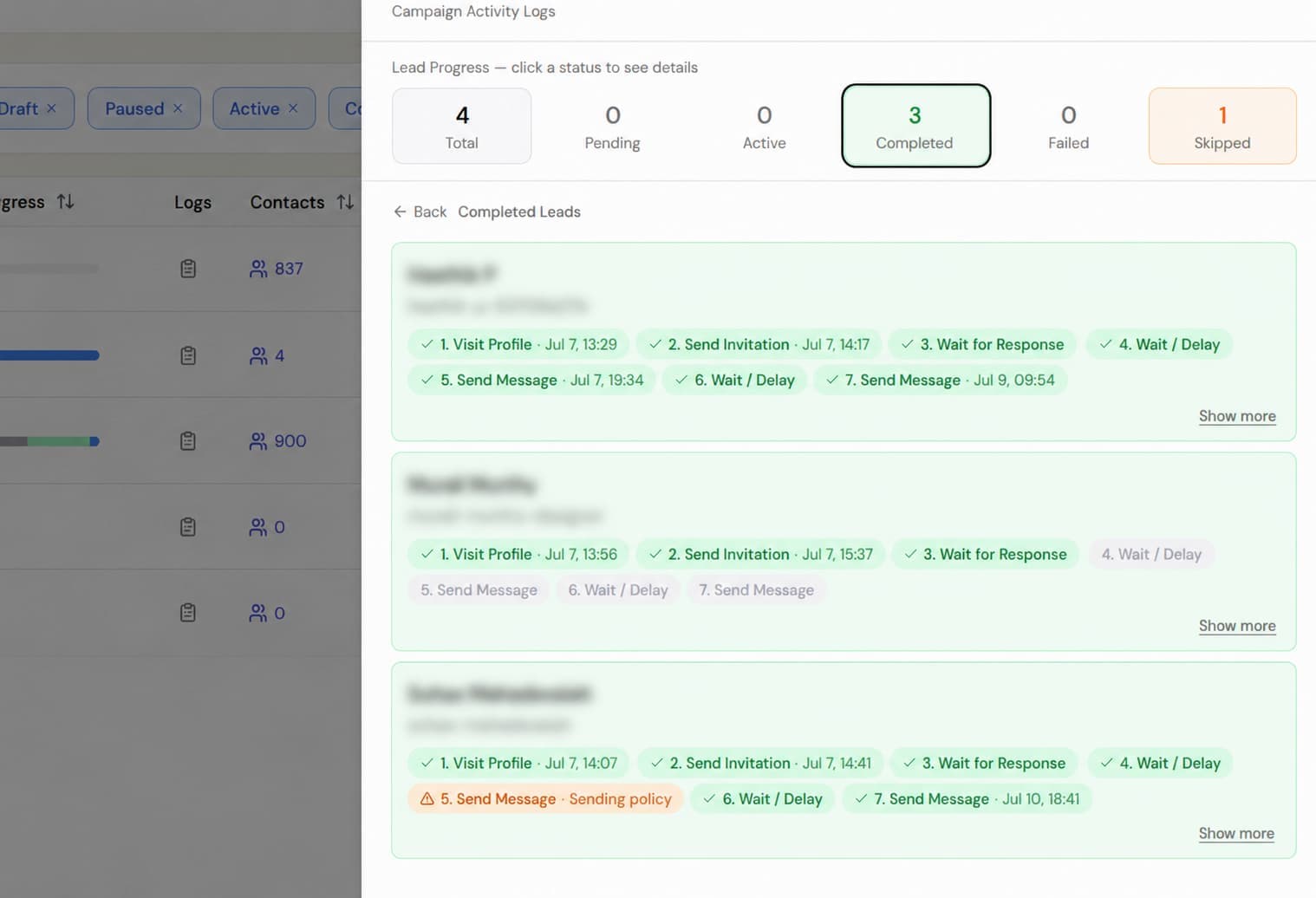 See a lead's full activity history from your campaign logs screenshot
