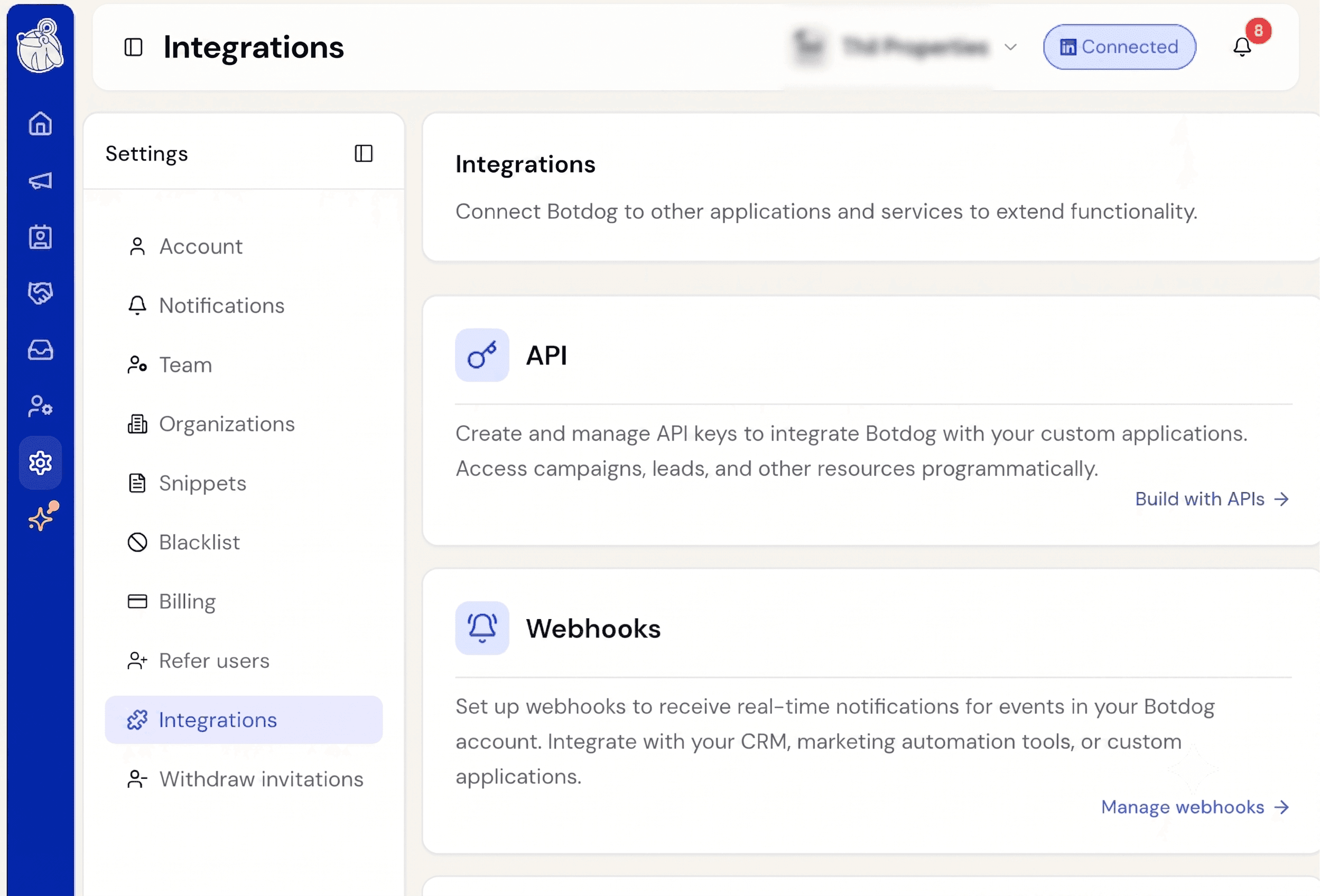 Fixed API and webhook access being locked on a paid team plan screenshot